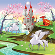 Vettoriale: Pegasus, unicorn and dragon in a mythological landscape Pegasus, unicorn and dragon in a mythological landscape