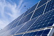 Rows Photovoltaic Solar Panels into Distance Blue Sky Anemometer