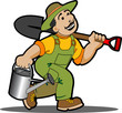 Gardener with tool and watering can. Gardener with tool and watering can.