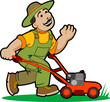 A man cutting grass with a push lawn mower.