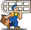 Window installer with box of tools. Window installer with box of tools.