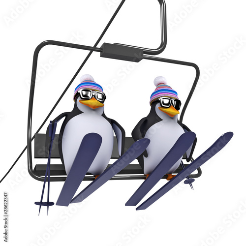 Illustration: 3d Penguins use the ski lift 3d Penguins use the ski lift