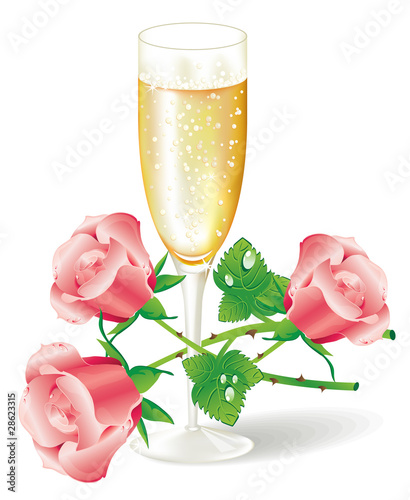 Illustration: Glass of champagne with pink roses Glass of champagne with pink roses
