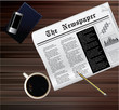 Vector illustration of coffee cup and news paper on wooden table