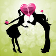 illustration of a couple kissing behind a heart-shaped balloon
