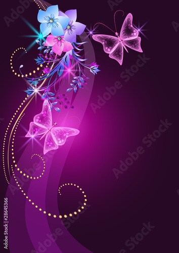 Vector: Glowing background with flowers, butterfly and stars Glowing background with flowers, butterfly and stars