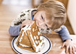 young boy with a gingerbread cookie house young boy with a gingerbread cookie house