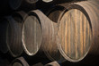 wine barrels in a warehouse