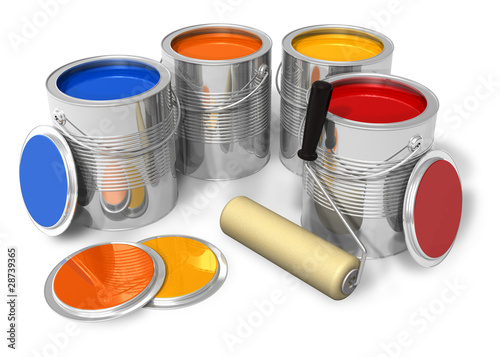 Photo: Cans with color paint and roller brush Cans with color paint and roller brush