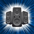 speaker set with blue star burst background