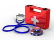 Stethoscope and first aid on white background. Isolated 3D image Stethoscope and first aid on white background. Isolated 3D image
