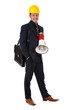 Young caucasian architect, megaphone Young caucasian architect, megaphone