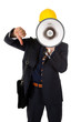 Young architect thumb down and megaphone Young architect thumb down and megaphone