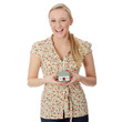 Young woman in casual clothes with house model Young woman in casual clothes with house model
