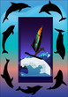 composition with dolphins and windsurfer