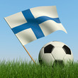 Soccer ball in the grass and flag of Finland.