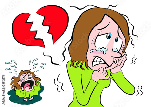 Illustration: Cartoon girl shedding tears with broken heart Cartoon girl shedding tears with broken heart