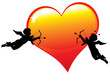 Two cupid silhouettes with a big glossy heart illustration. Two cupid silhouettes with a big glossy heart illustration.