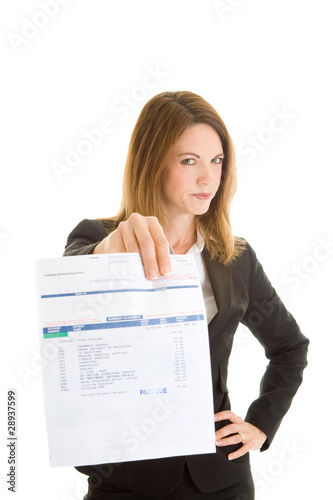 Photo: Disapprove Woman Holding Past Due Bill Isolated White Background Disapprove Woman Holding Past Due Bill Isolated White Background
