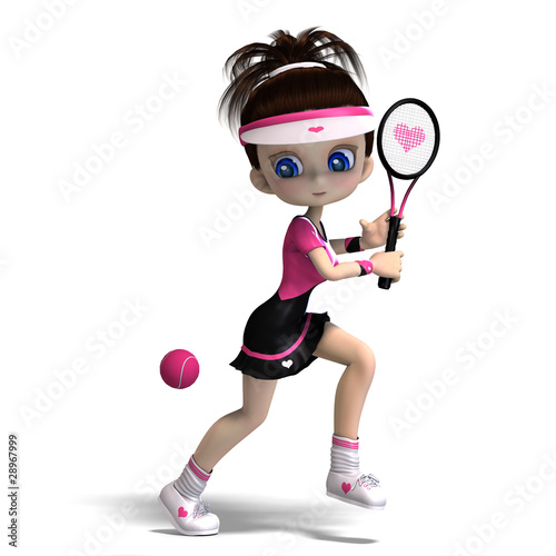 Illustration: sporty toon girl in pink clothes plays tennis. 3D rendering sporty toon girl in pink clothes plays tennis. 3D rendering