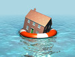 Global warming, house on a lifebelt, rising sea levels, flooding