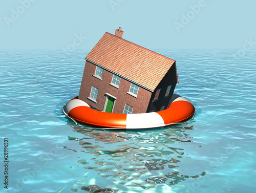 Illustration: Global warming, house on a lifebelt, rising sea levels, flooding Global warming, house on a lifebelt, rising sea levels, flooding