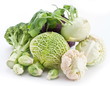 Collection of different varieties of cabbage on a white.