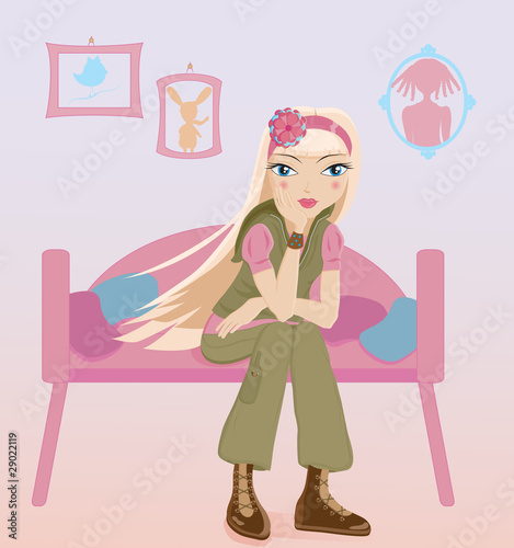 Zoom Not Available: Vector images scale to any size. girl sitting alone in her room