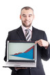 Business man pointing at a laptop with graph isolated on white Business man pointing at a laptop with graph isolated on white