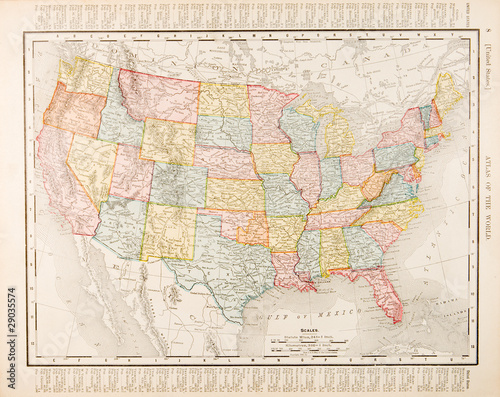 Photo: Antique Vintage Color Map United States of America, USA Antique Vintage Color Map United States of America, USA