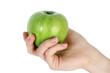 green apple on hand isolated on white background