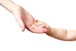 child hand on mother hand isolated on white background