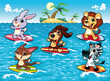 Funny animals are surfing. Vector illustration, isolated objects