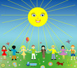 Image group of small children in summer meadow, vector