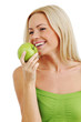 woman eat green apple