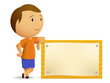 Vector: Boy resting with Blank wooden billboard Boy resting with Blank wooden billboard