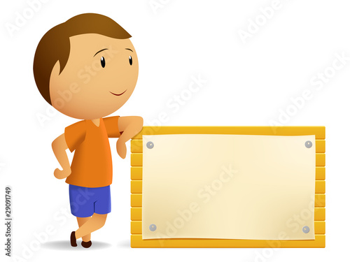 Vector: Boy resting with Blank wooden billboard Boy resting with Blank wooden billboard