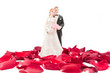 bride and groom with rose petals