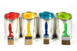 Opened paint buckets colors with brushes