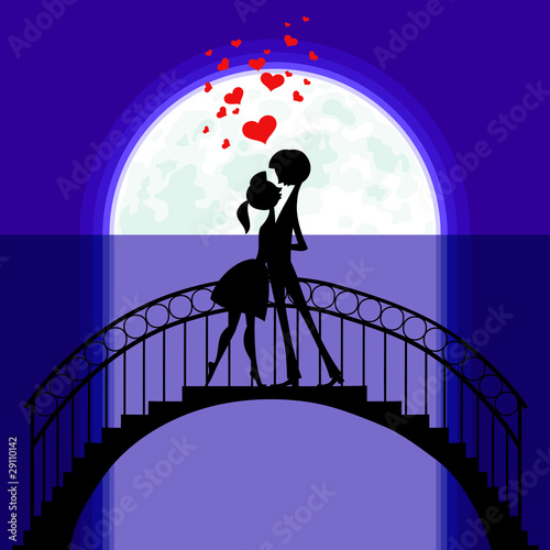 Vector: Lovers at bridge in moonlight Lovers at bridge in moonlight