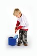Little dirty worker with paint roller and blue pail