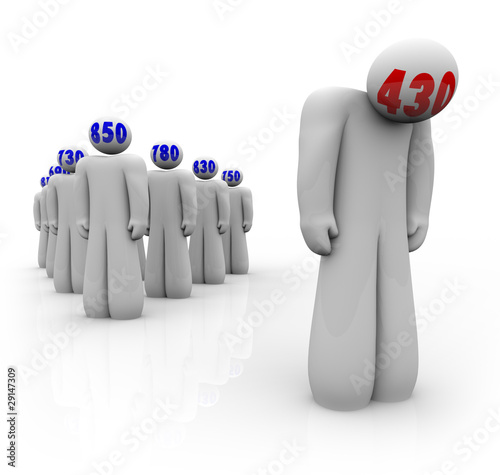 Illustration: Credit Scores - One Bad Scoring Person Stands Alone Credit Scores - One Bad Scoring Person Stands Alone