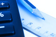Ruler, calculator, and pencil close-up Ruler, calculator, and pencil close-up
