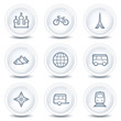 Travel web icons set 2, white glossy circle buttons