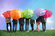 seven friends with rainbow color umbrellas on meadow collage