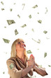 Prayer middleaged businesswoman and dollar fall collage