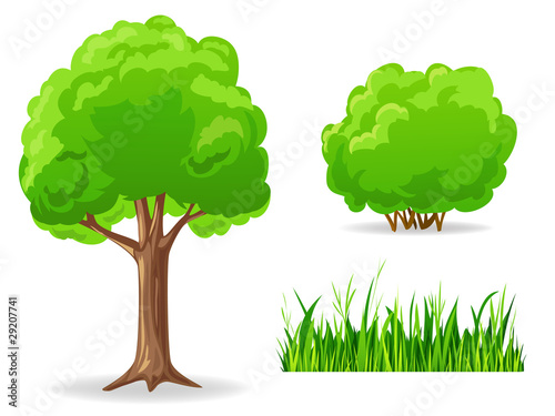 Vector: Set of cartoon green plants. Tree, bush, grass. Set of cartoon green plants. Tree, bush, grass.