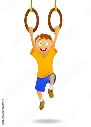 Vector: Happy cartoon boy hanging on gymnastic rings Happy cartoon boy hanging on gymnastic rings