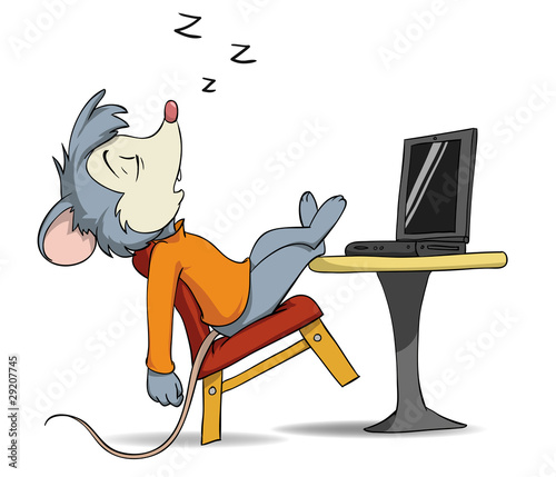 Vector: Cartoon sleeping mouse on chair with laptop Cartoon sleeping mouse on chair with laptop