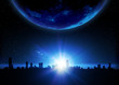 Skyline and planet with sunrise in space Skyline and planet with sunrise in space